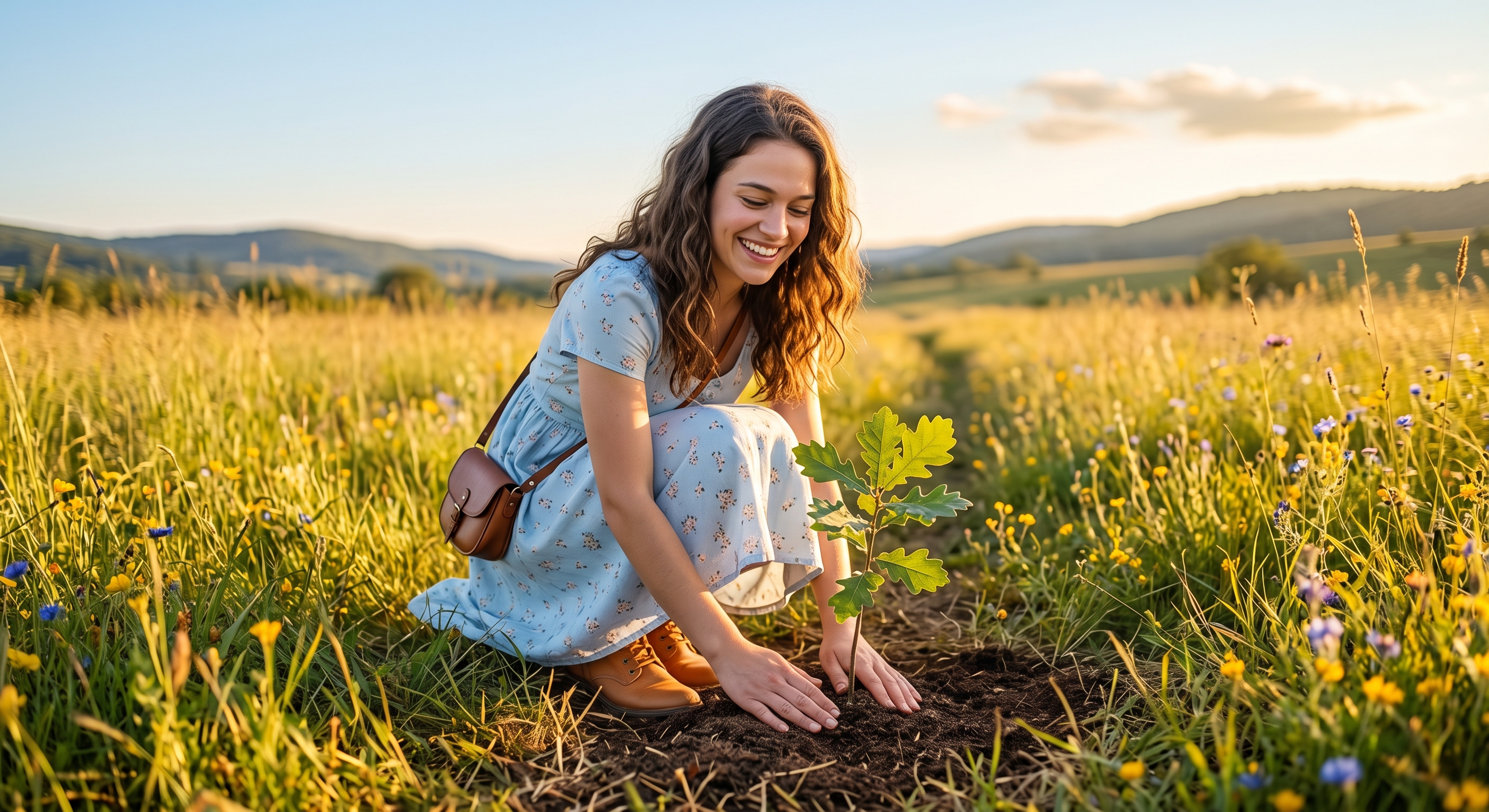 Pessoa cultivando uma muda em um campo ensolarado