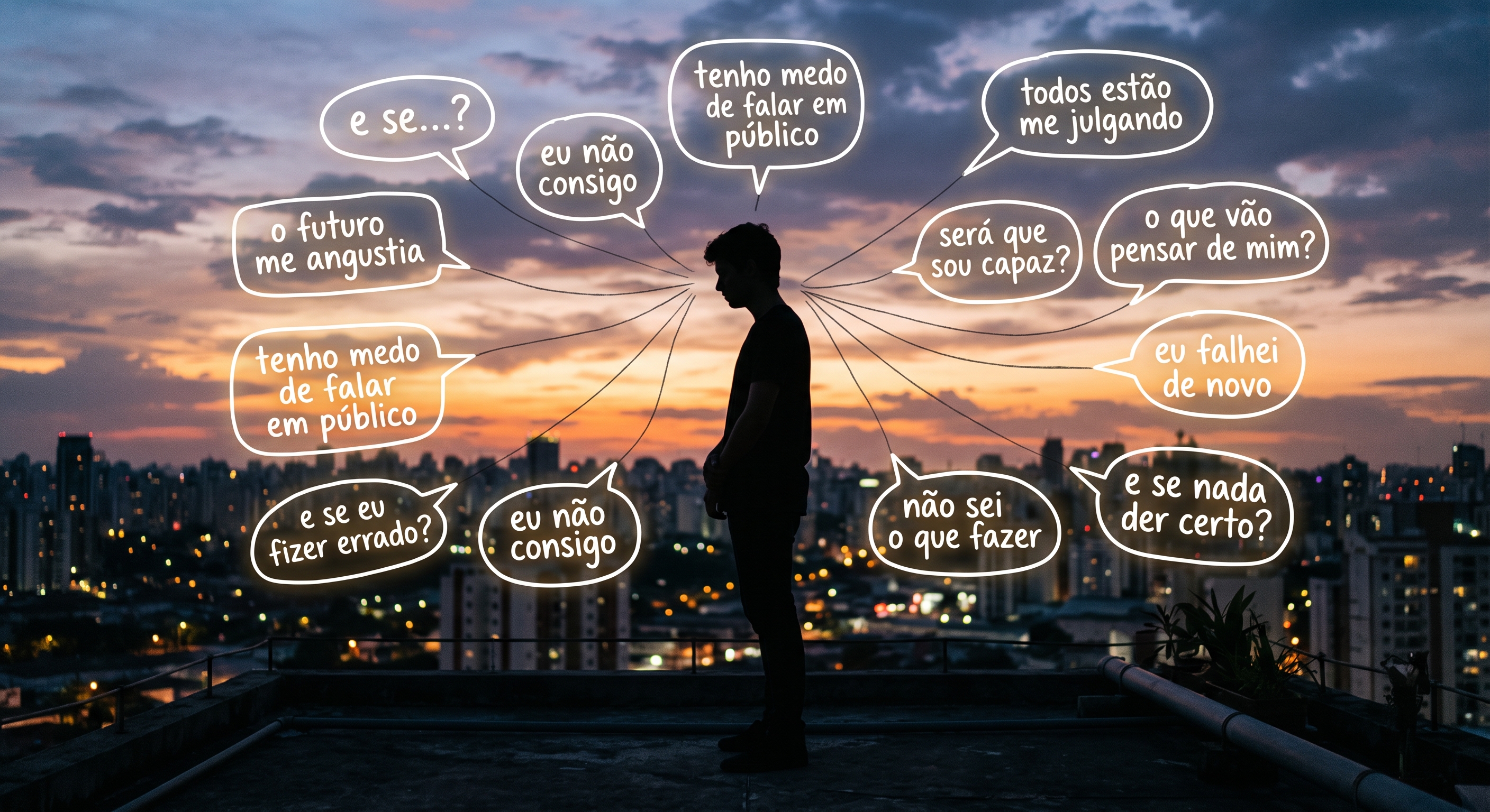 Pessoa refletindo em um banco durante um dia nublado